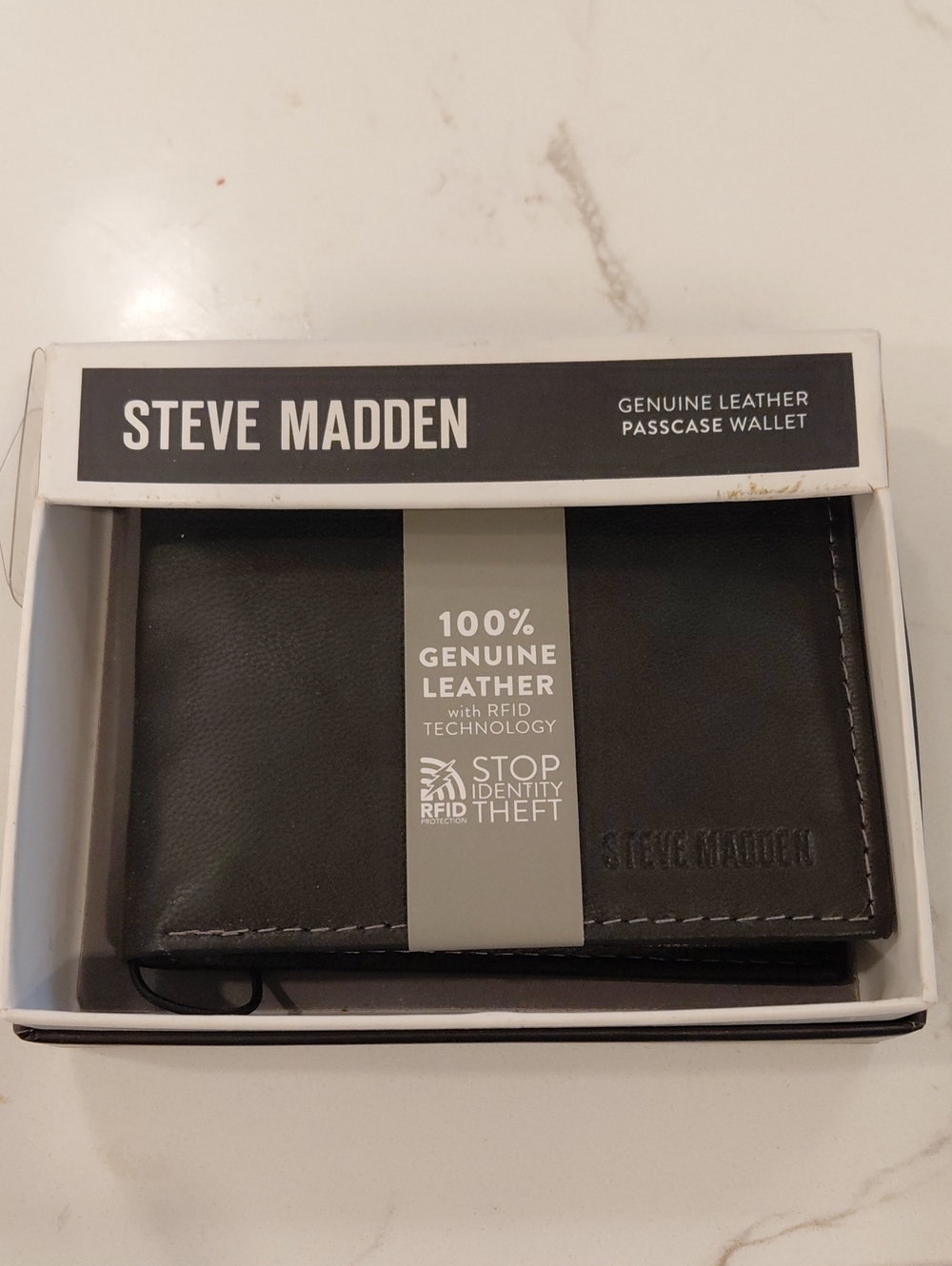 Steve Madden Black Genuine Leather Passcase Wallet with RFID